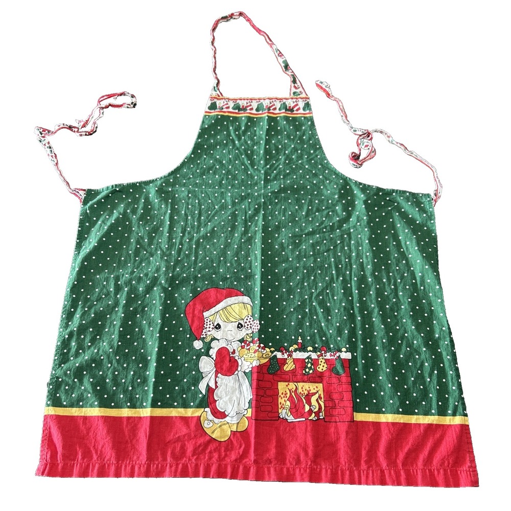 Vtg 90s Precious Moments Christmas Full Apron Green‎ Red Fireplace Stockings